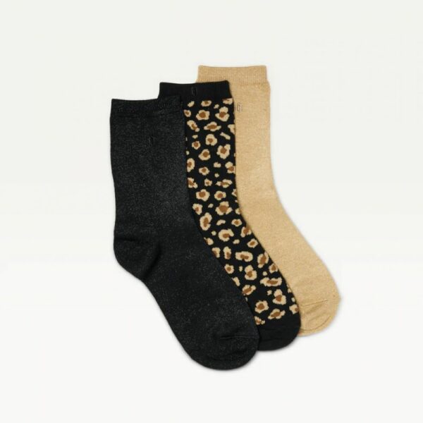 PACK DE 3 CHAUSSETTES FANTAISIE PAILLETTES ET LEOPARD NOIR DORE - ODAJE – Image 2