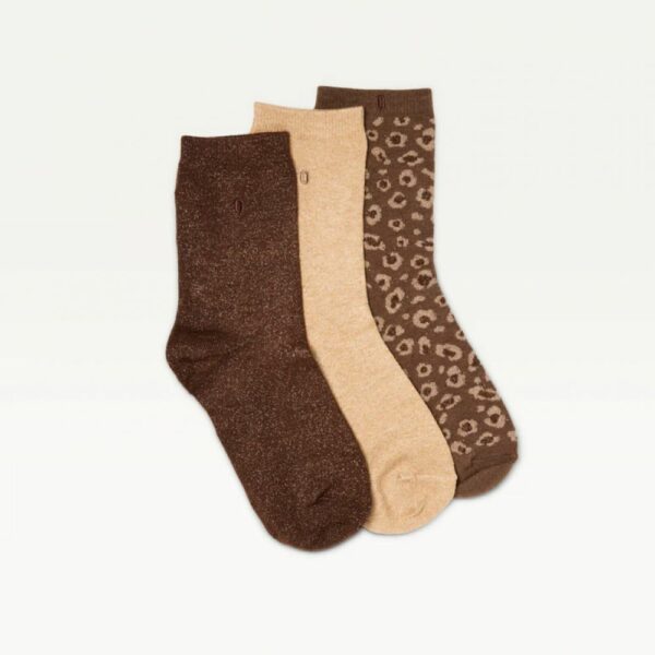 PACK DE 3 CHAUSSETTES FANTAISIE PAILLETTES ET LEOPARD MARRON DORE - ODAJE – Image 2